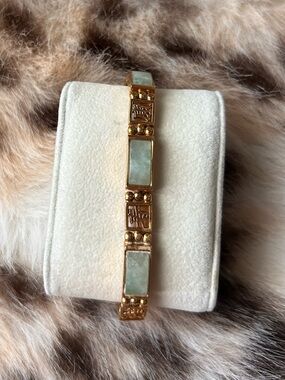 Vintage Gold Plated Jadeite Good Luck Character Statement Panel Bracelet